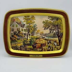 Vintage Currier and Ives Tray Metal Serving Harvest Time American Homestead